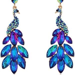 Peacock Dangle Earrings 14K Gold Plated Multicolors Crystal Feather